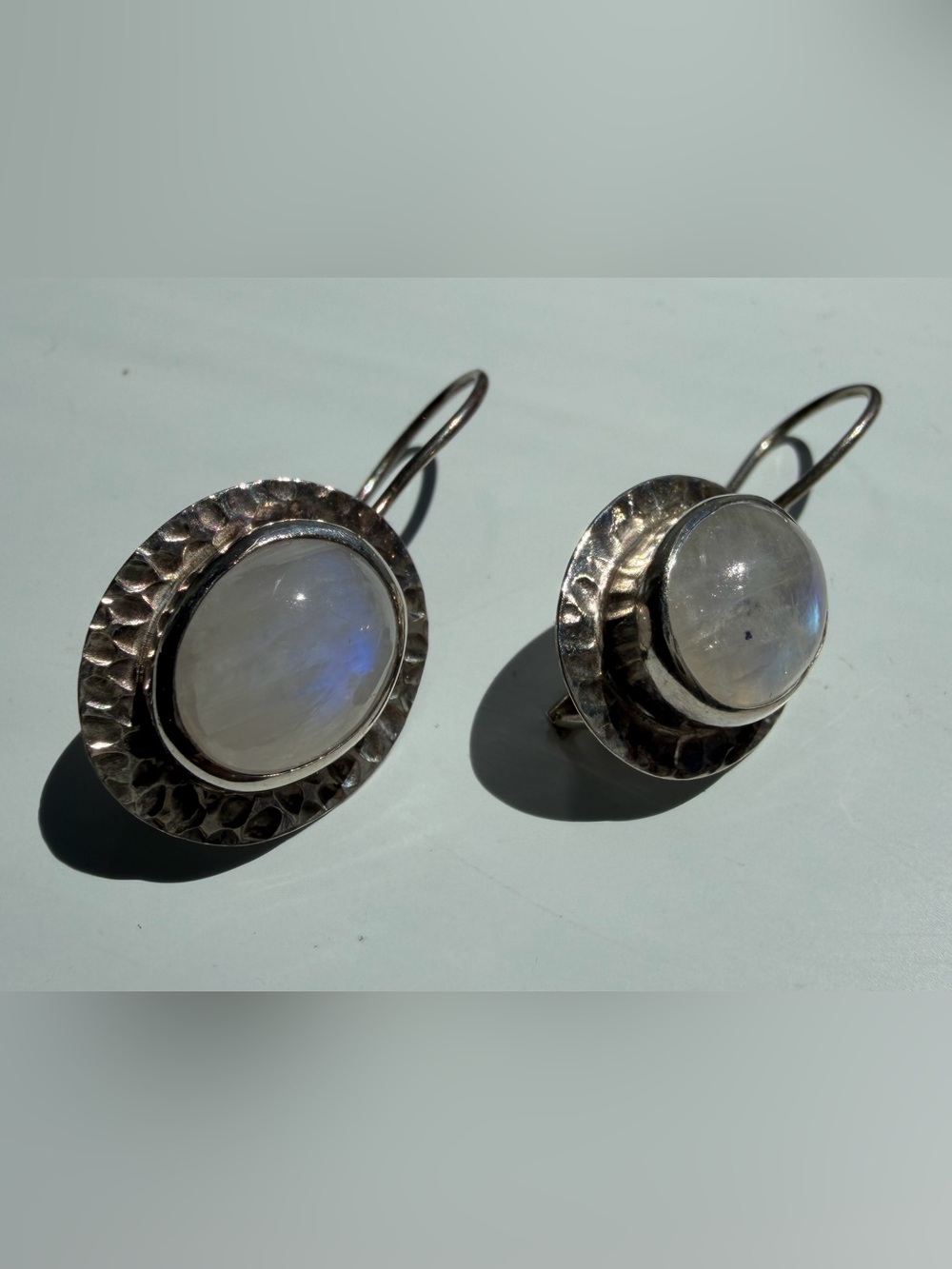 Sterling Silver Moonstone Drop Earrings - White/Blue Iridescent